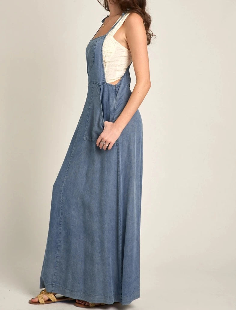 Tie shoulder soft denim maxi dress