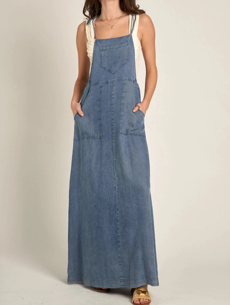 Tie shoulder soft denim maxi dress